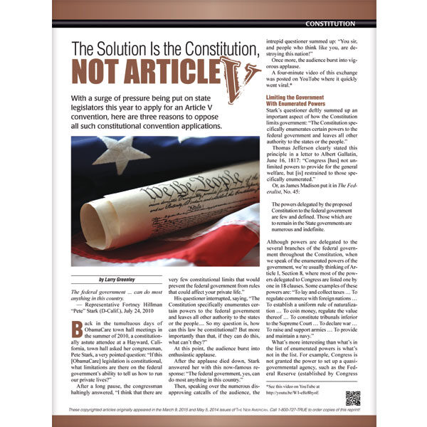 The Solution Is the Constitution, NOT ARTICLE V reprint
